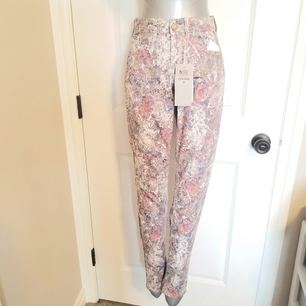 Cream Colorful Paisley Printed Twill Jeans Pants